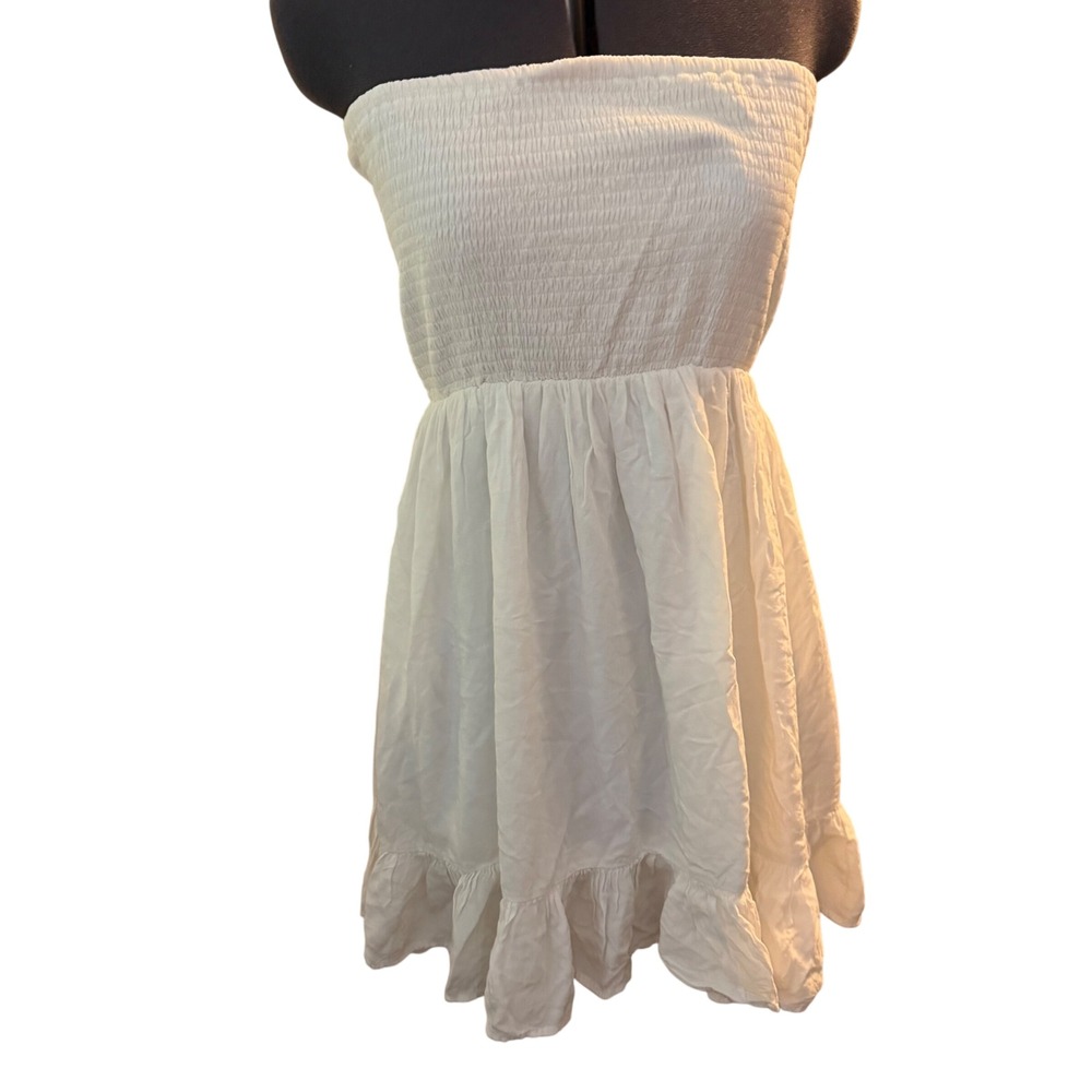 BOHO SOUL White Smocked Shirred Strapless Mini Dress Ruffle Hem‎ Size L